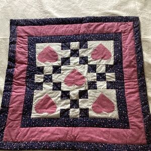 Handmade vintage quilted heart country wall hanging blue / mauve 29 x 29 inches